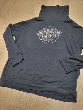 Harley-Davidson Black Turtleneck Sweater with Front Hoodie Pocket And Faded Logo